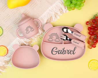 Personalisierte Silikon Baby Entwöhnung Set, Cartoon Entwöhnung Set für Kleinkind Kinder, Fütterung Set mit Name, Bärenform Platte, Silikon Lätzchen graviert