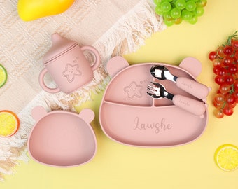 Personalisierte Silikon Baby Entwöhnung Set, Cartoon Entwöhnung Set für Kleinkind Kinder, Fütterung Set mit Name, Bärenform Platte, Silikon Lätzchen graviert