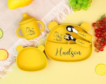 Personalisierte Silikon Baby Entwöhnung Set, Cartoon Entwöhnung Set für Kleinkind Kinder, Fütterung Set mit Name, Bärenform Platte, Silikon Lätzchen graviert