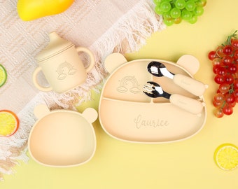 Set de sevrage personnalisé en silicone, Set de sevrage dessin animé pour tout-petit, Set d'alimentation avec nom, Assiette en forme d'ours, Bavoir en silicone gravé