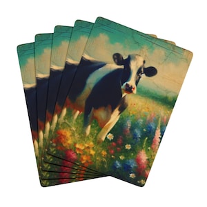 Juego de cartas de póquer artístico, baraja de cartas con vaca Holstein vibrante, regalo único para jugadores de cartas, elemento esencial para la noche de juegos, diseño de vaca vintage