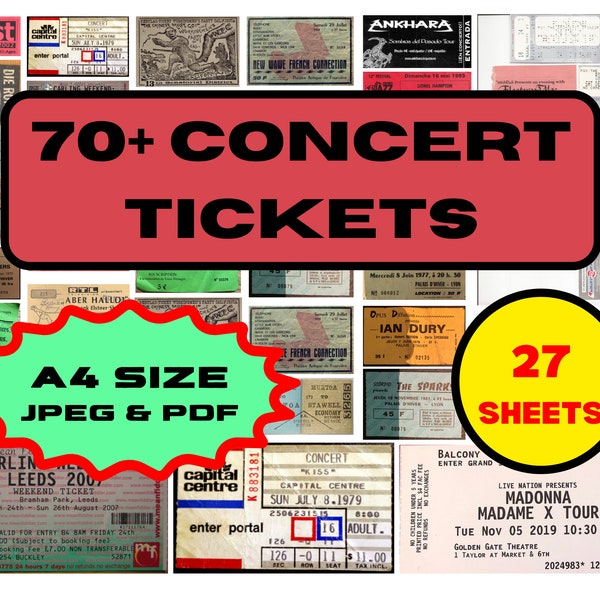 Vintage Concert Ticket Ephemera Bundle, 70+ in 1 Set, 27 Sheets A4 size, JPEG & PDF, Ideal for Scrapbooking Junk Journaling Music Lovers