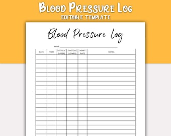 Blood Pressure Log Editable Printable, Blood Pressure Tracker, Medical Tracker, BP Tracker, Daily Blood Pressure, Blood Pressure Chart