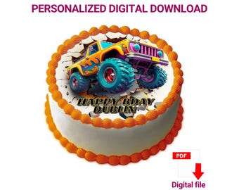 モンスタートラックをテーマにしたバースデースマッシュケーキトッパー デジタルプリント 印刷可能なPDF