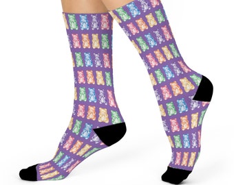 Purple Cute Gummy Bear Rainbow Cushioned Crew Socks, Candy Rainbow Work Dress Socks, Perfect for Boring Meetings Bear Stockings
