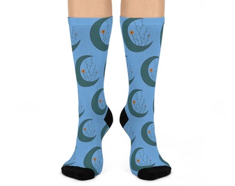 Chaussettes à fleurs en croissant de lune, Chaussettes phases de lune bleues, Bas astro nature métaphysique, Chaussettes matelassées pour rasage