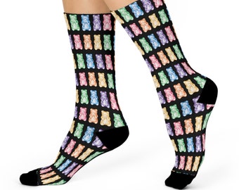 Black Cute Gummy Bear Rainbow Cushioned Crew Socks, Candy Rainbow Work Dress Socks, Perfect for Boring Meetings Bear Stockings