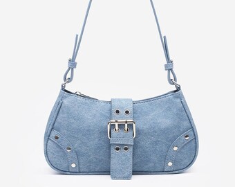 Denim Punk Rivet Pattern Shoulder Bag With Rivet Buckle & Decorations, Perfect For Daily Use