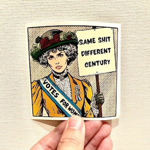 Feminist Retro Comic Sticker – Suffragette with Protest Poster – Vintage Feminism Sticker for Empowerment and Equality