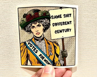 Feminist Retro Comic Sticker – Suffragette with Protest Poster – Vintage Feminism Sticker for Empowerment and Equality