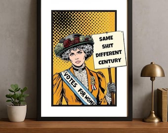Póster de cómic retro feminista: Sufragista con cartel de protesta. Lámina artística vintage feminista para el empoderamiento y la igualdad.