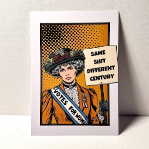 Cartão postal retrô feminista em quadrinhos - Sufragista com pôster de protesto - Cartão postal vintage do feminismo para empoderamento e igualdade