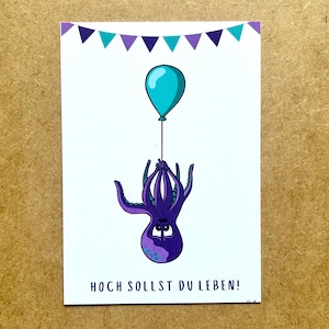 Divertida tarjeta de cumpleaños con pulpo – ¡Feliz cumpleaños! – Divertida tarjeta de dibujos animados para niños y adultos, novias y esposas – Diseño de pulpo