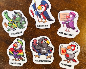 Political satire sticker set • Retro comic style • 6 protest parrots activism, feminism & LGBTQ stickers • Stickers against the right