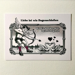 Ironische Valentijnsdagkaart - retro komische ansichtkaart met het gezegde 'Liefde is als boogschieten' - grappige wenskaart voor geliefden of singles