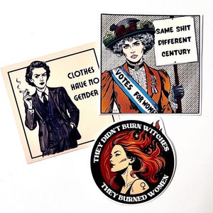 Set de pegatinas vintage feministas • Estilo cómic retro • Pegatinas sufragistas • Orgullo queer • LGBTQ+ • Protesta política