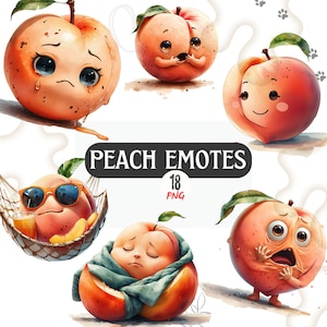 Niedliches Pfirsich Emotes PNG Bundle, Kawaii Frucht Emoji Set, lustige Stream Chat Aufkleber, glückliche, traurige, verängstigte, müde Emotes für Twitch Discord YouTube