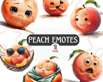 かわいい桃の絵文字PNGバンドル、かわいいフルーツ絵文字セット、面白いストリーミングチャットステッカー、Twitch Discord YouTube用の幸せな悲しい怖い疲れた絵文字