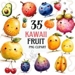 Set di clipart di frutta carina, frutta kawaii, clipart di cibo carino, illustrazioni di frutta pastello, PNG di frutta divertente, design di frutta estiva ad acquerello