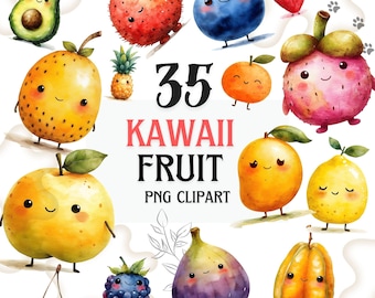 Söta frukter clipart set, kawaii frukt, söt mat clipart, pastellfärgade fruktillustrationer, roliga frukter PNG, akvarell sommarfruktdesign
