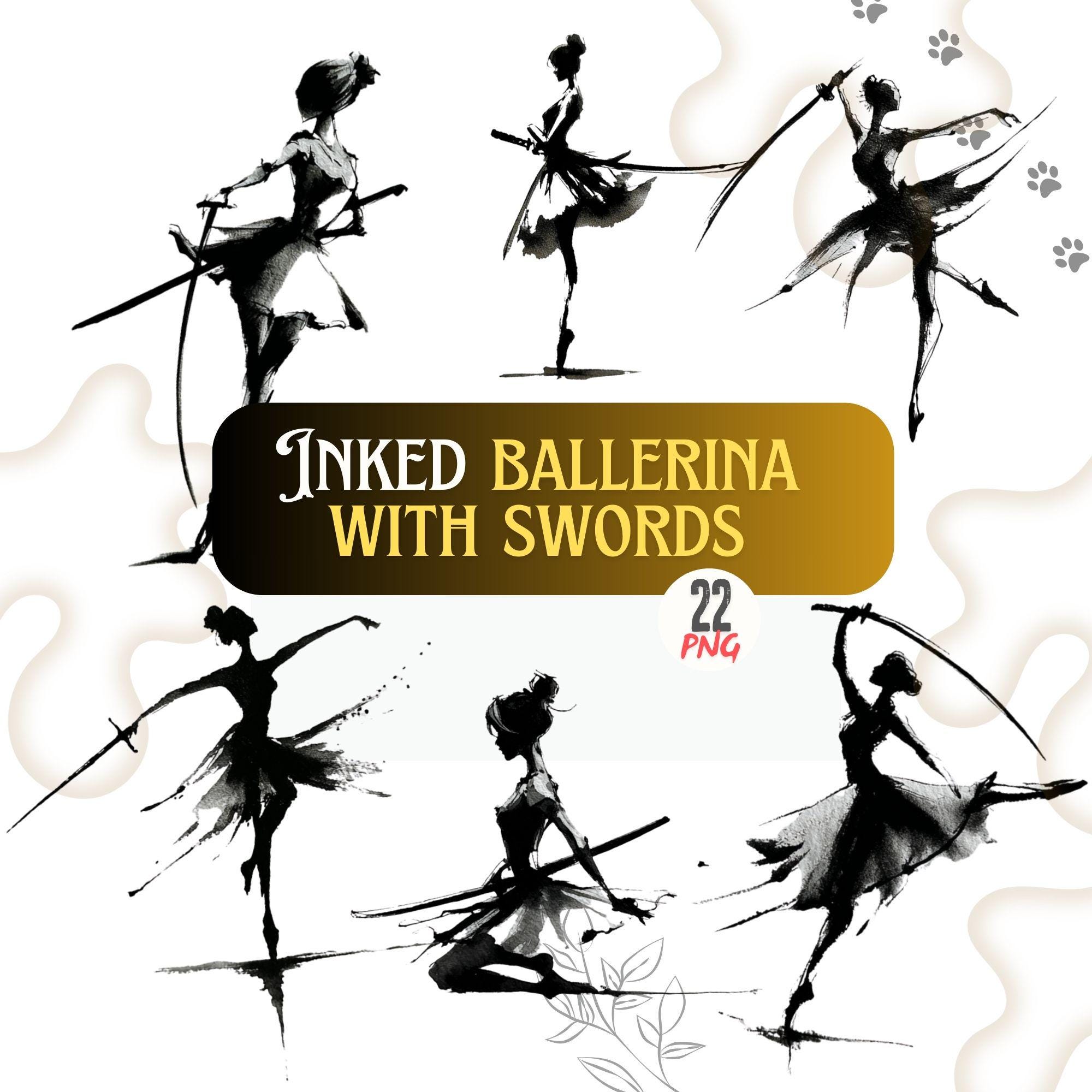 Inked Ballerina With Swords PNG Set, Samurai Dance Silhouette Art