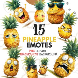 Conjunto de imágenes prediseñadas de emoticones de piña, 15 PNG con fondo transparente, lindas emociones de frutas, sublimación de piña asustada, feliz, triste, emocionada y genial