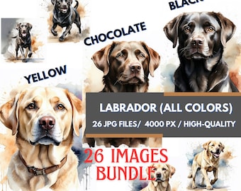 26 Labrador Clipart Set, Watercolor Labrador, Black, Yellow, Chocolate Labs, Labrador Sublimation Wall Art Print Mug Design, Dogs Bundle