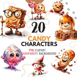 Funny Candy Characters PNG Bundle, Cute Caramel Chocolate Sweets Clipart, Cartoon Marshmallow Lollipop Toffee  Candy Design for Sublimation