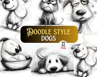 Doodle Style Dog Clipart Bundle, Hand Drawn Puppy Sketch PNGs for Sublimation, Animal Clipart Pack, Dogs Simple Drawing, Grumpy Dog