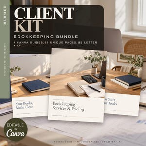 May include: A digital bookkeeping bundle kit featuring 4 Canva guides and 56 unique pages in US Letter and A4 sizes. The promotional graphic displays three document covers with the text Client Kit, Bookkeeping Services & Pricing.