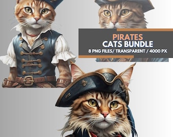 Pirate Cats Clipart, 8 Transparent PNG Set, Fun Feline Graphics, Set for Digital Crafting, Cats Pirates Scrapbooking, Cats Sublimation