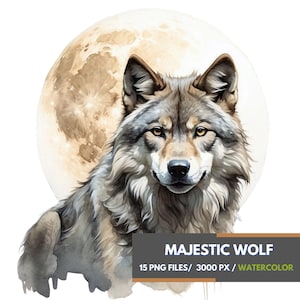 May include: A watercolor painting of a wolf with a full moon in the background. The wolf is looking directly at the viewer with a serious expression. The painting is done in shades of gray and brown.