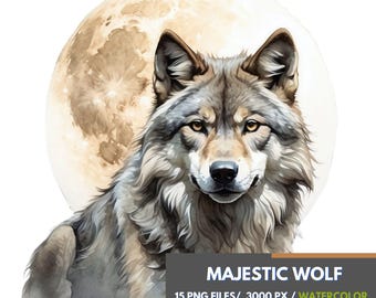 Majestic Wolf & Moon Clipart Set, 15 Watercolor Transparent PNGs of Wolves in Natural Colors, Wildlife Digital Art for Sublimation