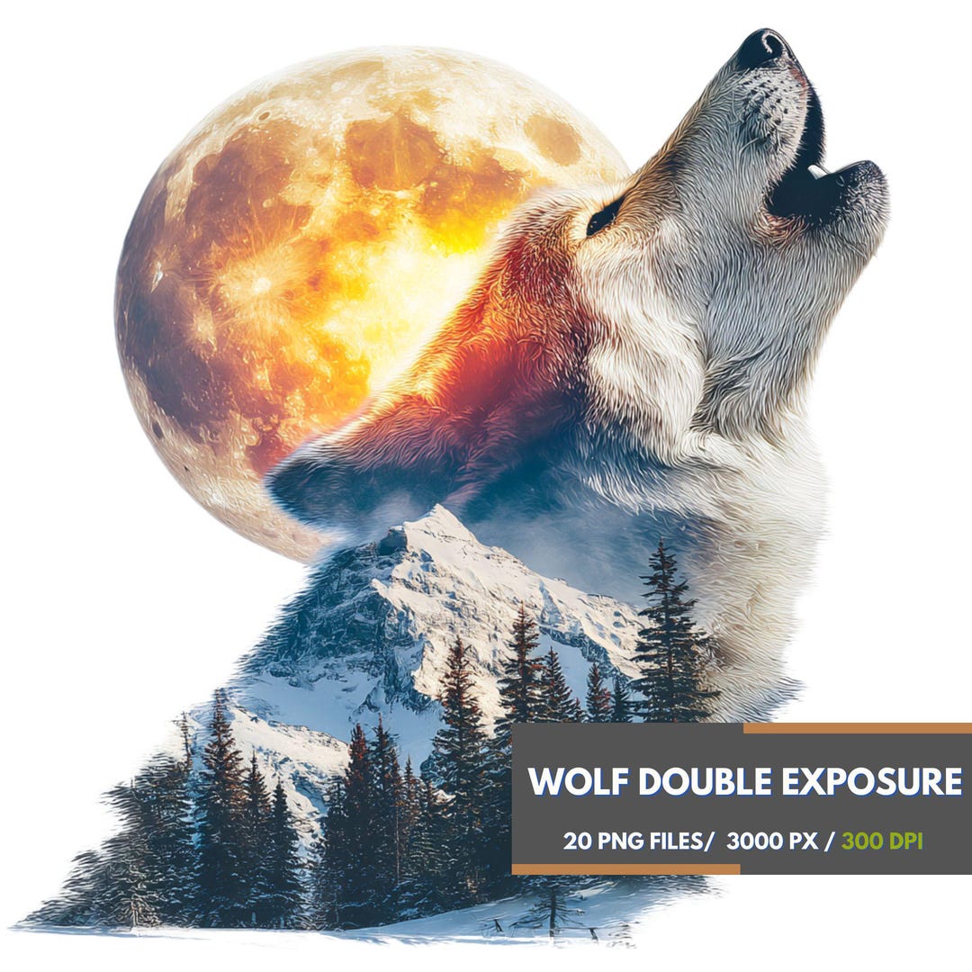 Wolf Double Exposure PNG Bundle With Moon and Mountain Forest, Howling ...
