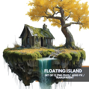 Drijvend eiland in de lucht PNG, 12 hoogwaardige transparante PNG, drijvende eilanden clipart, digitale kunst Sky Islands, sublimatie bekers