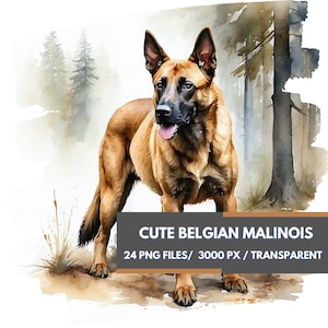 May include: A watercolor painting of a cute Belgian Malinois dog standing in a forest setting. The dog is brown and black with a light brown background.