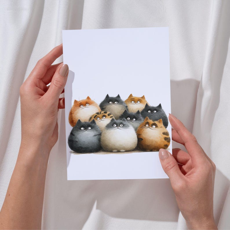 May include: A print featuring a group of cartoon cats with fluffy bodies and various fur colors, including orange, gray, and white. The cats are arranged closely together on a white background, creating a whimsical and charming scene.