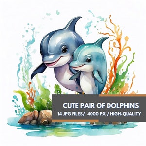Cute Pair of Dolphins Clipart, 14 Cute Dolphins, Printable Watercolor clipart, Ocean Animal JPG, Underwater Sea Life Art, Marine Wildlife