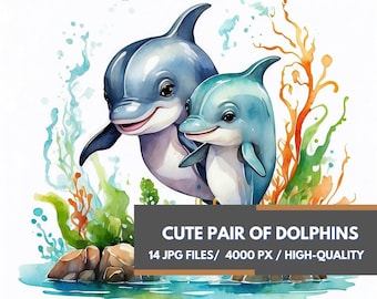Imágenes prediseñadas de una linda pareja de delfines, 14 delfines adorables, imágenes prediseñadas de acuarela imprimibles, animales marinos en formato JPG, arte submarino, fauna marina