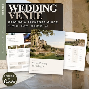 May include: A digital wedding venue pricing and packages guide template featuring ten pages, editable in Canva, with US Letter and A4 sizing options. The document displays text headers, tables, and photographs of a stone estate and garden.