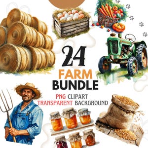 Farmhouse Clipart for Journaling and Scrapbooking, Junk Journal Kit with Farm Barns, Watercolor Farmhouse Landscape, 24 Rustic PNG Images