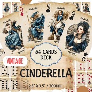 Op de afbeelding: Een kaartspel van 54 Cinderella-speelkaarten met illustraties in vintage-stijl. De kaarten tonen diverse scènes en personages uit het verhaal, waaronder Assepoester met een bezem en een waaier. Het kaartspel meet 6,35 cm bij 8,89 cm.