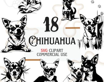 Paquete de SVG de chihuahua, 18 archivos de imágenes prediseñadas de chihuahua, diseños digitales de perros, arte de silueta de perro, gráficos SVG de perros lindos, SVG de sublimación de chihuahua