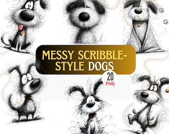 Messy scribble style dogs, cartoon puppy PNG bundle, cute hand drawn dog illustrations, kawaii dog images for sublimation, doodle art design