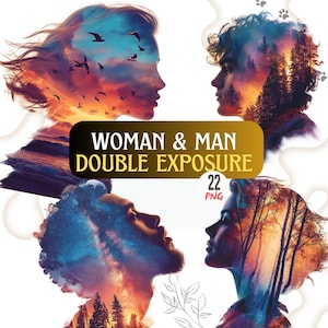 May include: A digital art piece featuring four profiles of people with double exposure effects. The images blend natural elements like birds, trees, and sunsets with the human faces. The text "WOMAN & MAN DOUBLE EXPOSURE" is displayed.