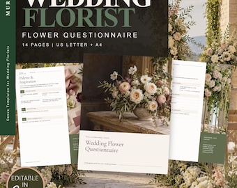 May include: A 14-page wedding florist flower questionnaire template in US Letter and A4 sizes. The document features sections for palette and inspiration, with text including Wedding Florist Flower Questionnaire and Editable in Canva.
