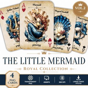Może przedstawiać: Cztery karty do gry z ilustracjami złotego trójzębu, syreny w muszli, magicznej muszli i delfina. Tekst głosi THE LITTLE MERMAID ROYAL COLLECTION VOL.2, 4 PNG CARDS, 4960PX, 300 DPI, LARGE CARDS FITS A3.
