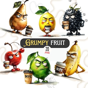 Puede incluir: Ilustración en acuarela de varias frutas gruñonas, incluyendo una pera, un limón, una mora, una cereza, una lima y un plátano, cada una sosteniendo una taza de café con "NOPE" impreso. La imagen incluye el texto "GRUMPY FRUIT 20 PNG".