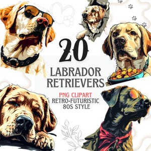 Labrador Retriever PNG Clipart, art numérique chien rétro futuriste des années 80, autocollants esthétiques Labrador, lot de Sublimation chiot vintage Pop-art