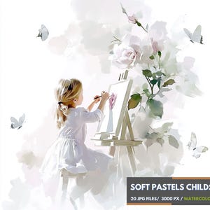 Zachte pastelkleurige clipart van klein meisje en jongen, kinderen schilderen bloemen, 20 schattige JPG-bestanden voor kinderkamerkunst, babymuurdecoratie, jongenskindafdrukken